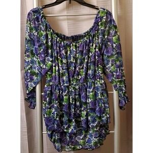 JTB Sz X-Large Multicolored Purple Green Black Floral Scoop Neck‎ Blouse